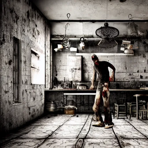 Image similar to kitchen - chef angry rotting zombie, detailled portrait, dilapidated restaurant interior, feeling of grimdark horror, daytime, high contrast, ultra intricate detailed, octane render, unreal engine