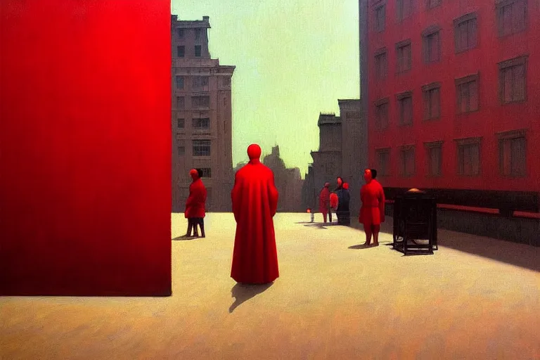 Image similar to only with red, crowd cheering at the sight of a painting, in a city square, in the style of beksinski, parts by edward hopper, parts by rodcenko, parts by yue minjun, intricate and epic composition, red by caravaggio, insanely quality, highly detailed, masterpiece, red light, artstation, 4 k