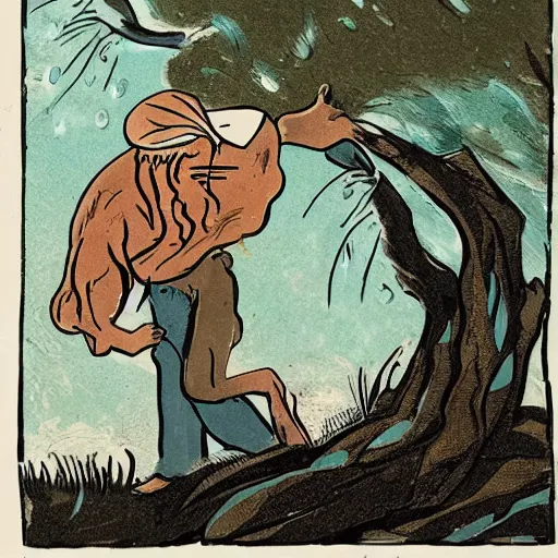 Image similar to The print shows a man caught in a storm, buffeted by wind and rain. He clings to a tree for support, but the tree is bent nearly double by the force of the storm. The man's clothing is soaked through and his hair is plastered to his head. His face is contorted with fear and effort. Adventure Time, mint by Tibor Nagy, by Mab Graves evocative