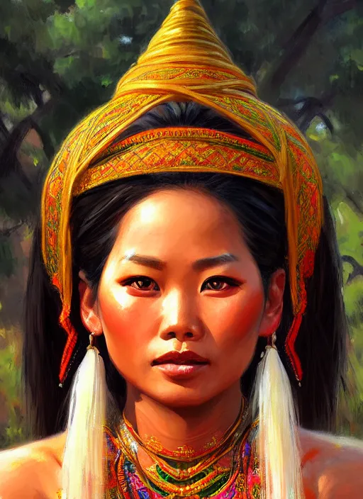 Prompt: portrait of a beautiful female mon ethnic burma, closeup portrait, historical, ethnic group, traditional costume, elegant, loin cloth, highly detailed, oil painting, artstation, concept art, matte, sharp focus, illustration, hearthstone, art by earl norem