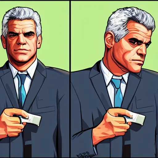 Image similar to portrait of Yair Lapid as a GTA v character. GTA v loading screen illustration by martin ansin, matt bors