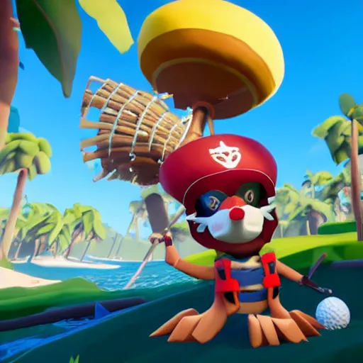 Image similar to hedgehog playing golf in sea of thieves, hedgehog wearing a pirate hat, cute, colourful, happy, adorable