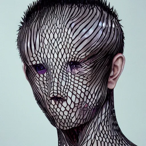 Prompt: a beautiful young japanese male wearing iris van herpen, painted by michelangelo