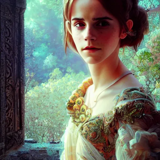 Image similar to emma watson as a beautiful young girl in intricate clothing by ross tran, walking in a castle painted by sana takeda, rtx reflections, very high intricate details, painting, digital anime art, medium shot, mid - shot, composition by ilya kuvshinov, lighting by greg rutkowski