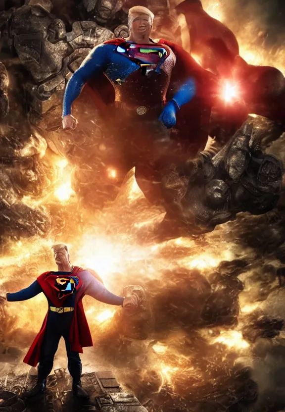 Image similar to Portrait of Donald Trump as superman in Gears of War, splash art, movie still, cinematic lighting, dramatic, octane render, long lens, shallow depth of field, bokeh, anamorphic lens flare, 8k, hyper detailed, 35mm film grain