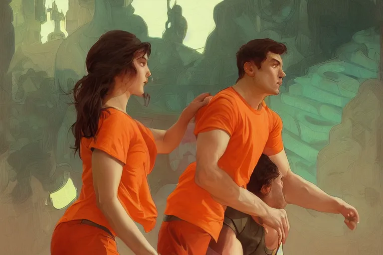 Image similar to portrait of a man in orange t - shirt wrestling with a girl in green dress, highly detailed, digital painting, artstation, concept art, smooth, sharp focus, illustration, art by artgerm and greg rutkowski and alphonse mucha