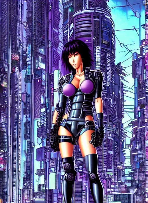 Image similar to motoko kusanagi in grungy cyberpunk megacity, intricate and finely detailed, cyberpunk vaporwave, portrait by j scott campbell