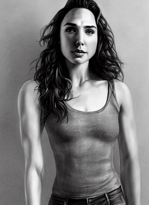 Prompt: full length photo of gal gadot in a tanktop in the style of stefan kostic, realistic, sharp focus, 8k high definition, insanely detailed, intricate, elegant, art by stanley lau and artgerm