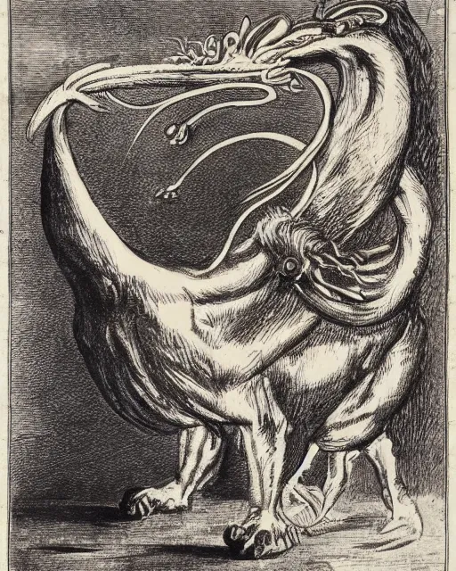 Prompt: a creature with the body of a man, beak of an eagle, the mane of a lion, and the horns of an ox. drawn by francis bacon