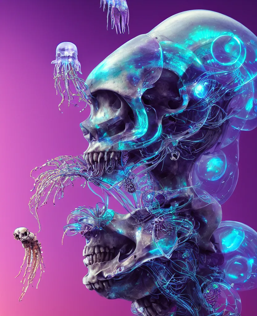 Image similar to goddess close-up portrait ram skull, thorax, x-ray, backbone, jellyfish phoenix head, nautilus, orchid, skull, betta fish, bioluminiscent creatures, intricate artwork by Tooth Wu and wlop and beeple. octane render, trending on artstation, greg rutkowski very coherent symmetrical artwork. cinematic, hyper realism, high detail, octane render, 8k