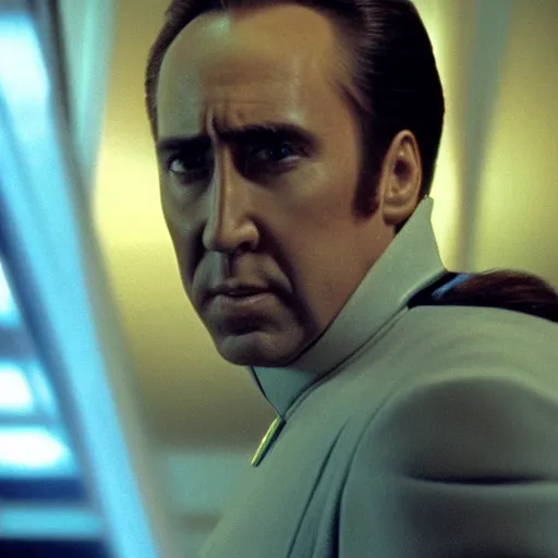 Image similar to Nicholas Cage as Data in the movie Star Trek, sci-fi movie cinematic frame, detailed, sharp