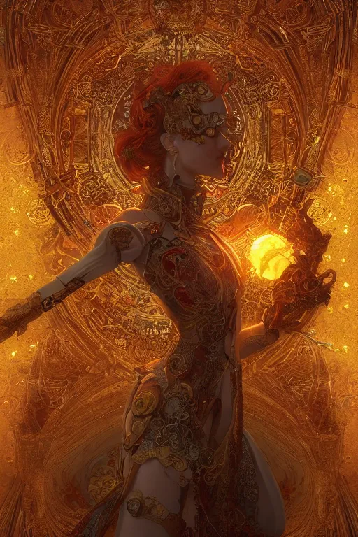 Image similar to tarot card artstation, portrait of a robot love dancer, sunrise, baroque ornament and rococo ornament, ancient chinese ornate, hyperdetailed, beautiful lighting, craig mullins, mucha, klimt, yoshitaka amano, red and gold and orange color palette