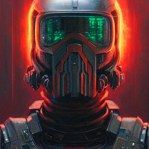 Prompt: the doomslayer with energy armor as a realistic scifi cyberpunk knight, closeup portrait art by donato giancola and greg rutkowski, vintage retro scifi, realistic face, digital art, trending on artstation, symmetry!!