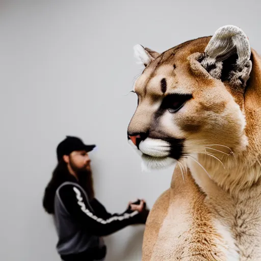 Prompt: a man with a mountain lion head standing in a plain white room studio photo