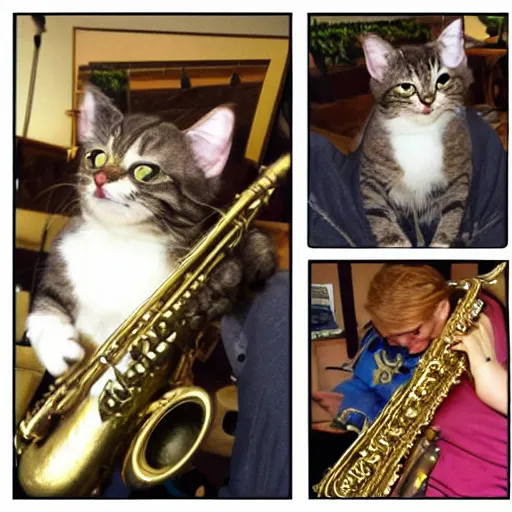 Image similar to cat jamming on the saxophone