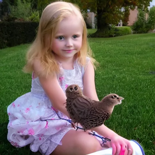 Image similar to kitty-bird hybrid, cute sitting with a little girl with curly hair