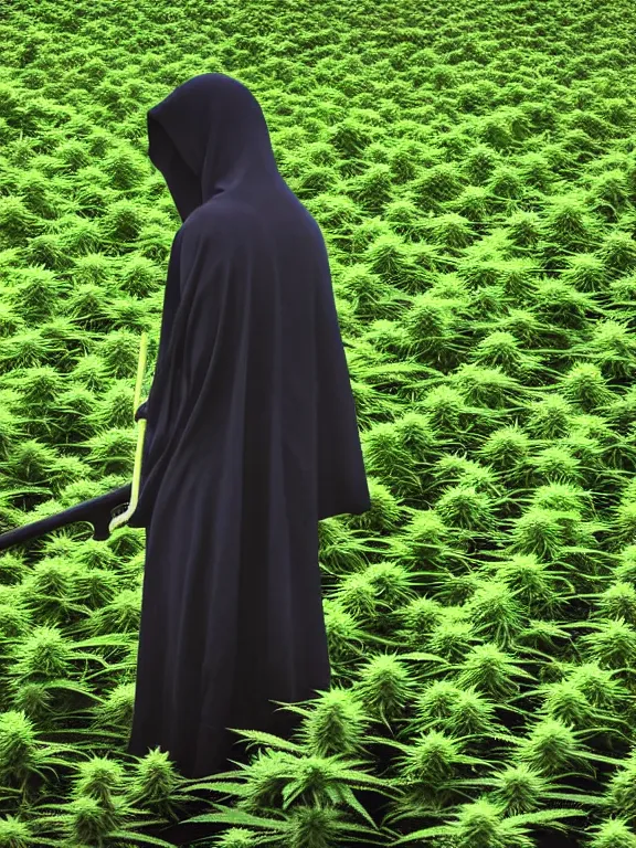 Image similar to grim reaper standing in beautiful cannabis field, grainy, high detail, high resolution,