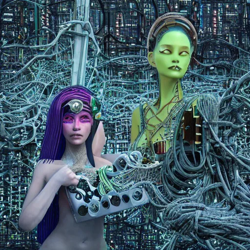 Prompt: deeper into the metaverse we go, piles of modular synth cables mixed with mangrove roots, two kawaii puerto rican goddesses laying down wearing a headpiece made of circuit boards, by cameron gray, wlop, stanley kubrick, masamune, hideki anno, jamie hewlett, unique perspective, trending on artstation, 3 d render, vivid