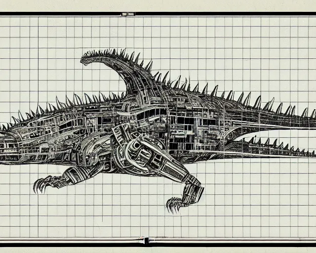 Image similar to a full page of a mechanical blueprint showing the interior of godzilla, with a big head, muted colors, post grunge, studio ghibli, hq,