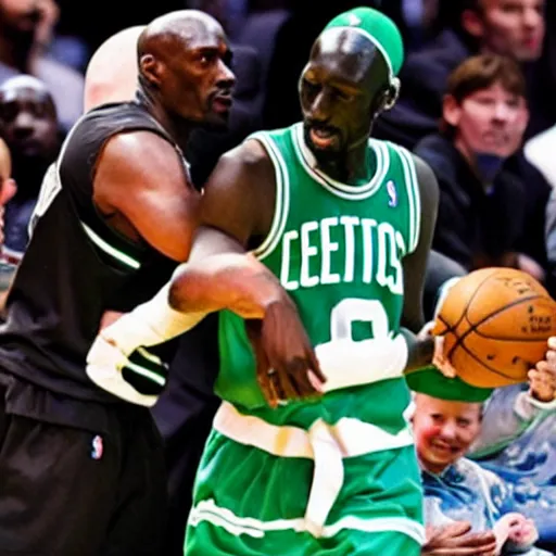 Image similar to 7 year old crayon smoking weed, celtics kevin garnett eating babies