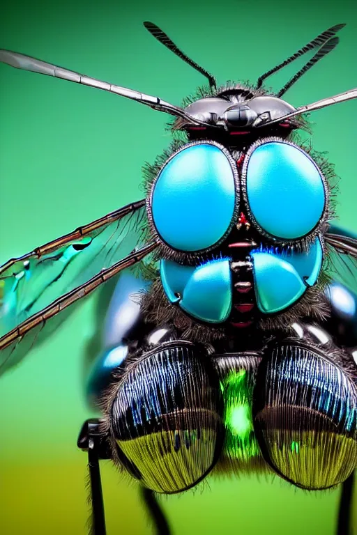 Image similar to high quality macro robot metallic tachinid fly! gorgeous highly detailed hannah yata elson peter cinematic turquoise lighting high quality low angle hd 8k sharp shallow depth of field