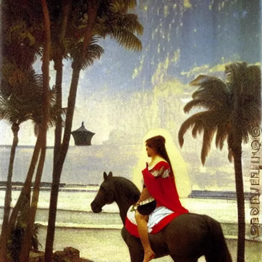 Image similar to Girl riding a horse leaving the castle through the bridge, thunderstorm, beach and palm trees on the background major arcana sky, by paul delaroche, alphonse mucha and arnold böcklin arnold böcklin hyperrealistic 8k, very detailed