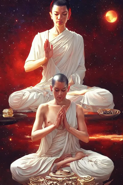 Image similar to space, buddhism, taoism, painting by greg rutkowski, j. c. leyendecker, artgerm