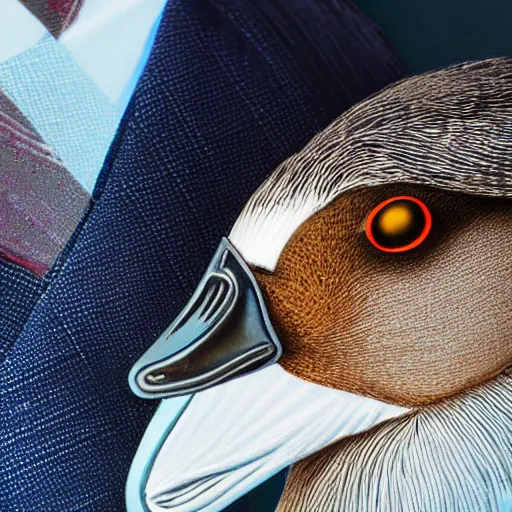 Image similar to A high detail closeup shot of a duck wearing a suit