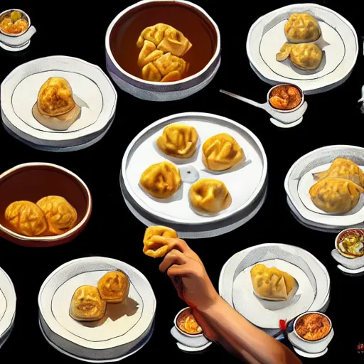 Prompt: happy putin eats dumplings, concept art, trending on artstation, highly detailed, intricate, sharp focus, digital art, 8 k