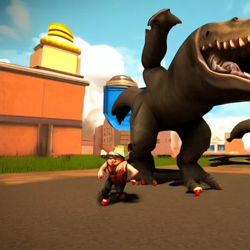Image similar to t - rex chasing a small rat in team fortress 2 style