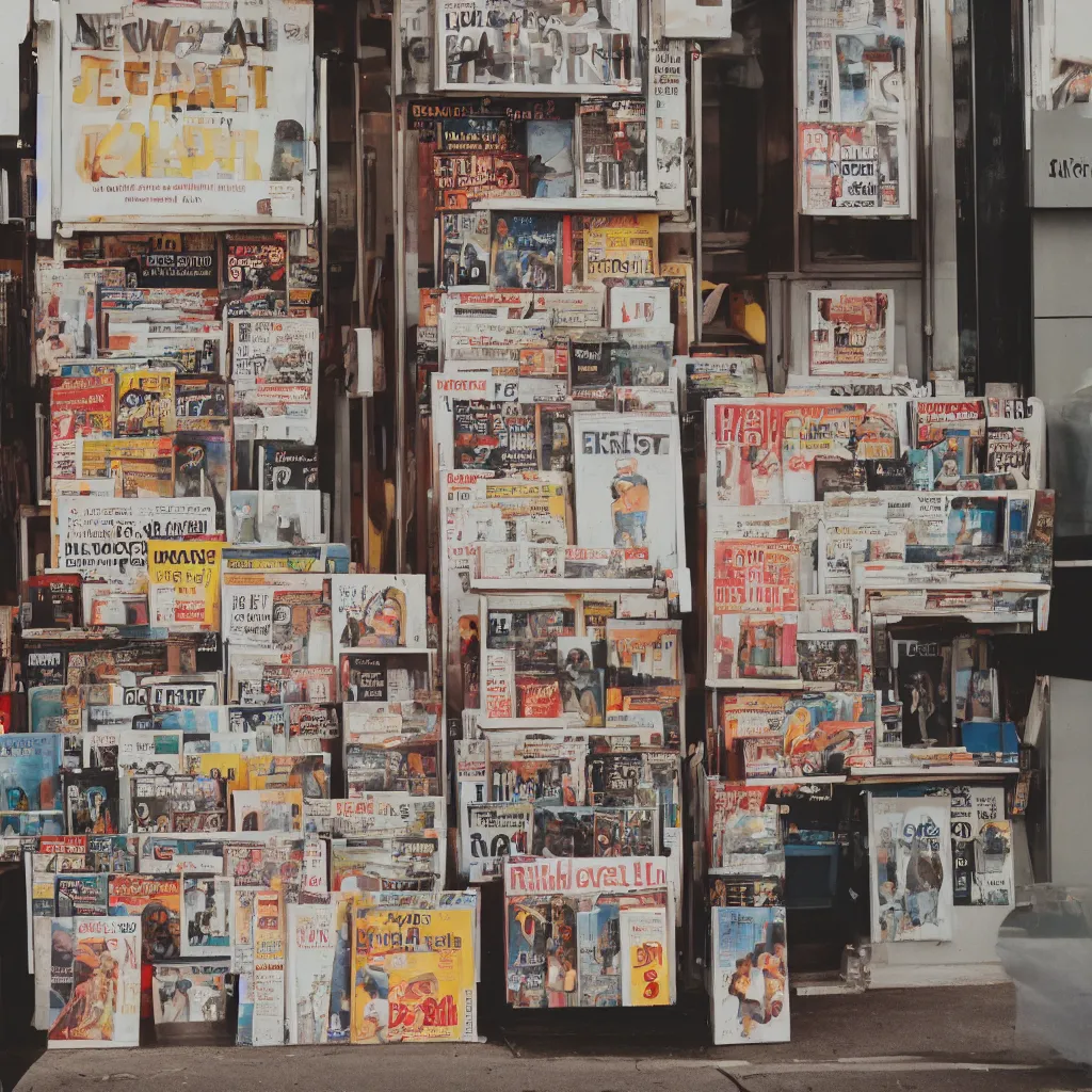 Prompt: street photography of a newstand. kodak portra film.