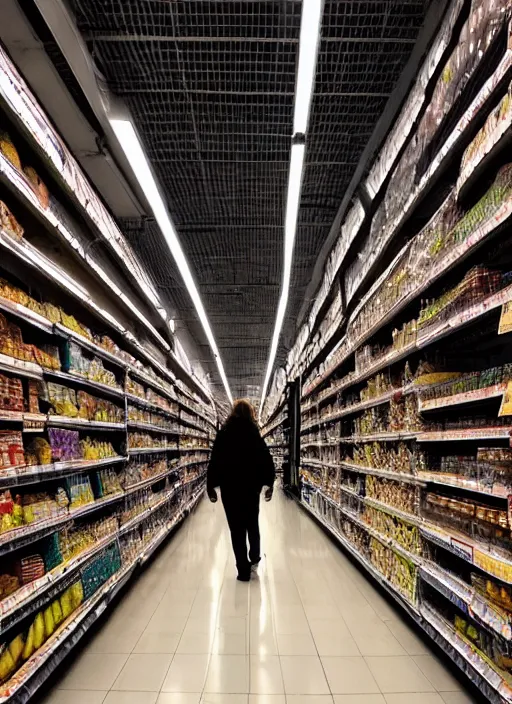 Image similar to being hunted by a monster in a labyrinth of grocery store aisles. liminal. dramatic lighting