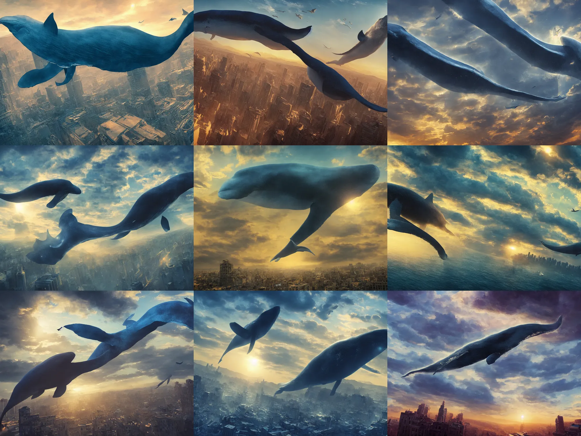 Image similar to a huge blue whale is flying above a city, epic, surreal, cinematic shot, golden hour, artstation, deviantart, dreamy atmosphere, high definition