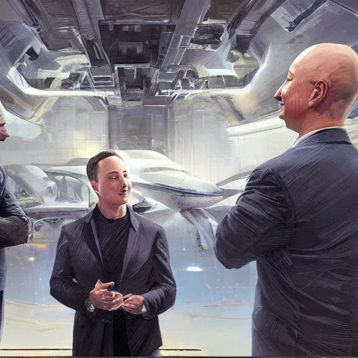 Image similar to illustration of a meeting between elon musk, mark zuckenberg, jeff bezos, very clear face, high quality, very detailled, by artgem, by david rutkowski, greg ruthowski, ruan jia