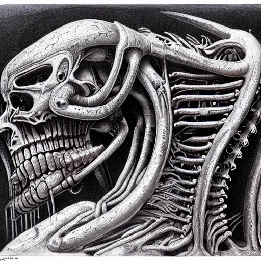 Prompt: detailed art by H.R. Giger for a tank made of human flesh in a body horror style