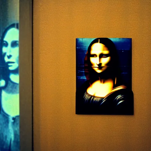 Image similar to cinematic movie still of cybernetic character named Mona Lisa in The Matrix, futuristic eye implant, cyberpunk, XF IQ4, 150MP, 50mm, F1.4, ISO 200, 1/160s, twilight in the city