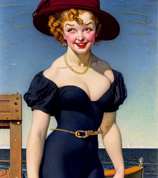 Prompt: a fancy beautiful plump young lady holding a purse standing on a wharf at the edge of the sea by brom and gil elvgren and jean delville and william blake and norman rockwell, crisp details, hyperrealism, smiling, happy, feminine facial features, stylish navy blue heels, gold chain belt, cream colored blouse, maroon hat, windblown