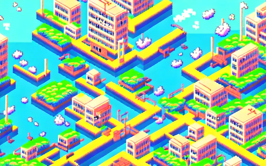 Image similar to a japanese city near the sea, lofi, dreamy, moody, very colorful, anime inspiration, ghibli vibe, very pixelart, hd