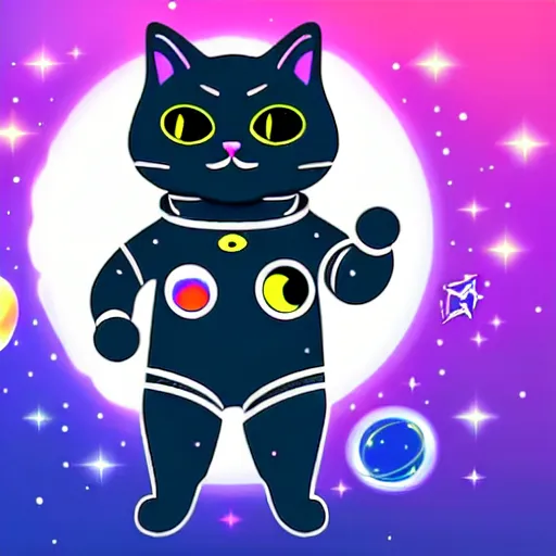 Prompt: A serious-looking cat wearing a space-suit, the background is inspired by two colliding galaxies, e-sports logo vector