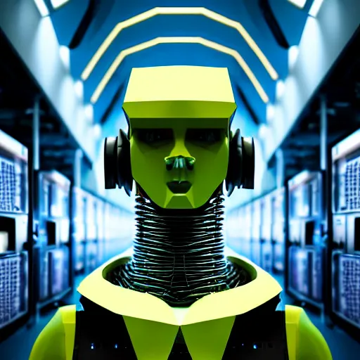 Image similar to colour brutal caravaggio style photography of highly detailed aesthetic robot wearing sci - fi system administrator uniform designed by ian mcque and working in detailed sci - fi data centre designed by josan gonzalez, many details, volumetric dramatic natural light in style of josan gonzalez and mike winkelmann and andgreg rutkowski and alphonse muchaand