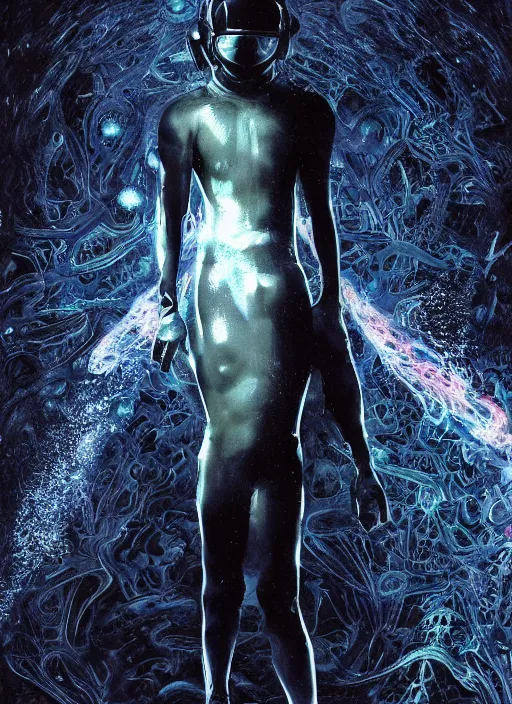 Image similar to astronaut in dark void underwater - complex and hyperdetailed technical suit design. reflection and dispersion materials. rays and dispersion of light. volumetric light. f / 3 2. noise film photo. flash photography. ultra realistic, 5 0 mm. poster by wayne barlowe, hajime sorayama aaron horkey, craig mullins