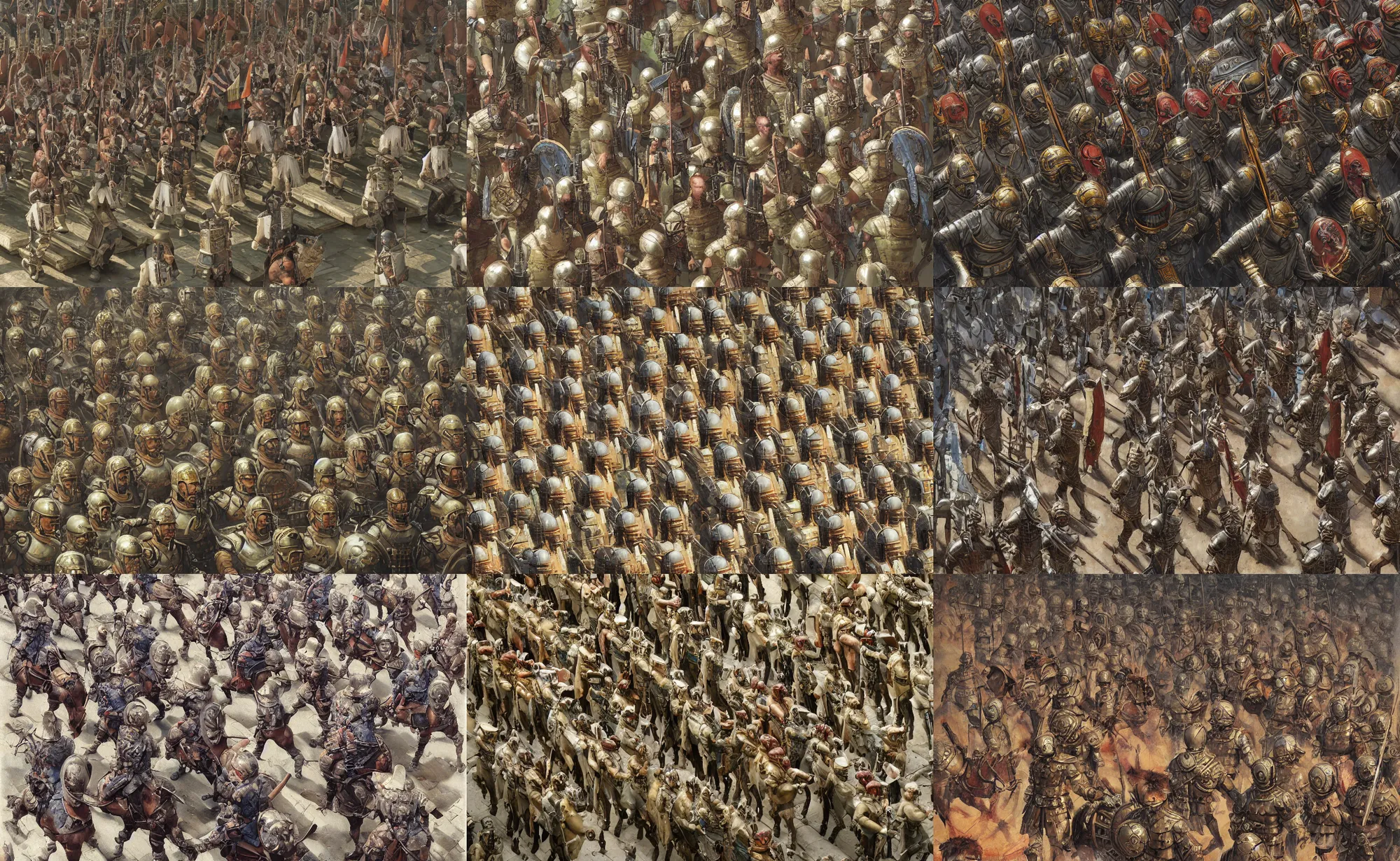 Prompt: A mixed media closeup portrait painting of Roman legionaries assembled in a military parade formation in the center of the city, isometric view, by Frank Frazetta, Boris Vallejo, Greg Rutkowski, Beeple, Yoko Taro, Christian MacNevin, epic fantasy character art, roman numerals, high fantasy, CGsociety, full length, exquisite detail, post-processing, masterpiece, cinematic, tiny crimson petals falling, Rome backdrop