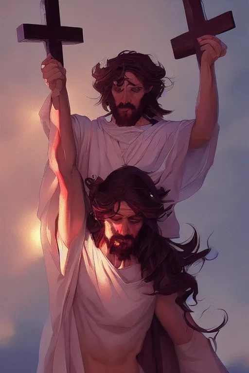 Image similar to jesus on an upside down cross by artgerm, tooth wu, dan mumford, beeple, wlop, rossdraws, james jean, marc simonetti, artstation giuseppe dangelico pino and michael garmash and rob rey and greg manchess and huang guangjian and makoto shinkai