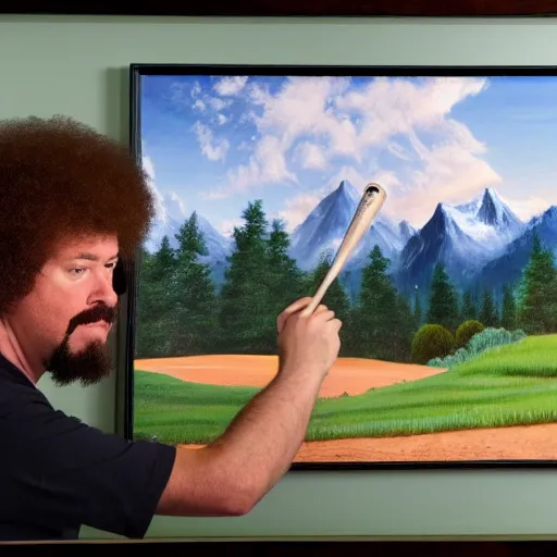 Image similar to a closeup photorealistic photograph of bob ross working on an image of kenny powers autographing a baseball on a canvas. mountains and trees. film still. brightly lit scene. this 4 k hd image is trending on artstation, featured on behance, well - rendered, extra crisp, features intricate detail, epic composition and the style of unreal engine.