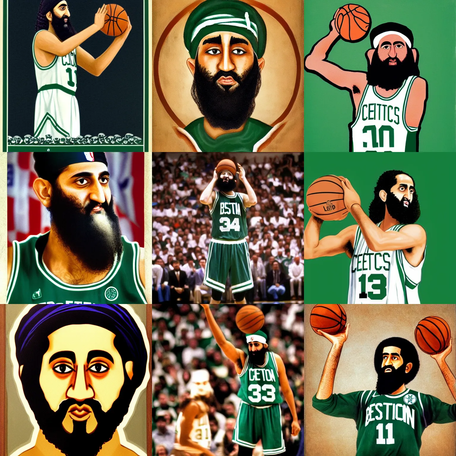 Prompt: facial portrait of osama bin laden shooting free throws, boston celtics