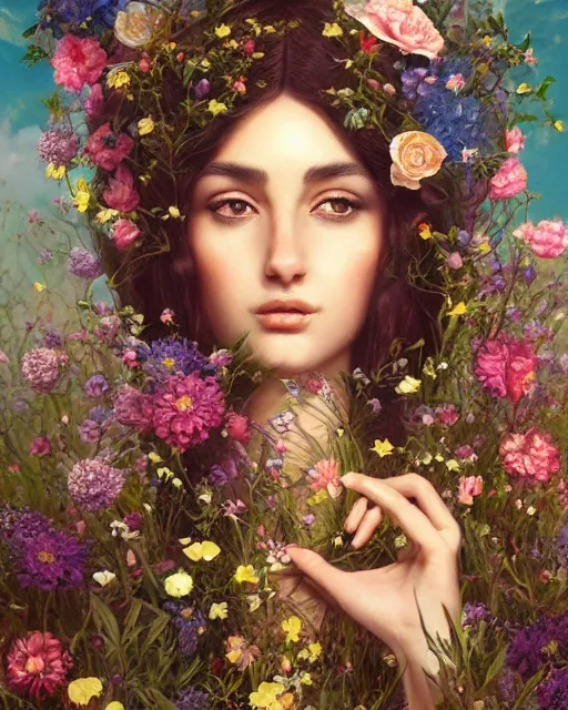 Image similar to portrait of a middle eastern girl, surrounded by flowers by karol bak, james jean, tom bagshaw, rococo, sharp focus, trending on artstation, cinematic lighting, hyper realism, octane render, 8 k, hyper detailed.