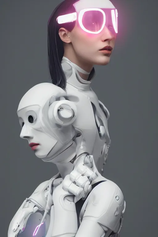 Image similar to white one cast futuristic biomechanic future human, beautiful face, female, futuristic, neon lights, cyberpunk, 8 k, digital painting, by beeple and makoto shinkai, trending on cg society, glamour pose, fashion photography, high fashion, canon r 3, photorealistic, hyper realisitic