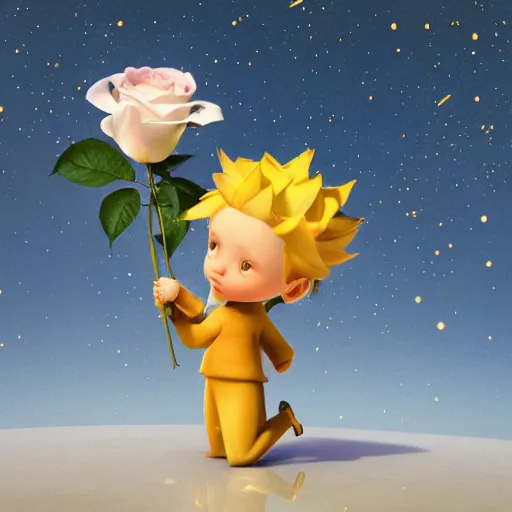 Image similar to the little prince holding a rose illustration, bokeh, octane render, award winning, trending on art station