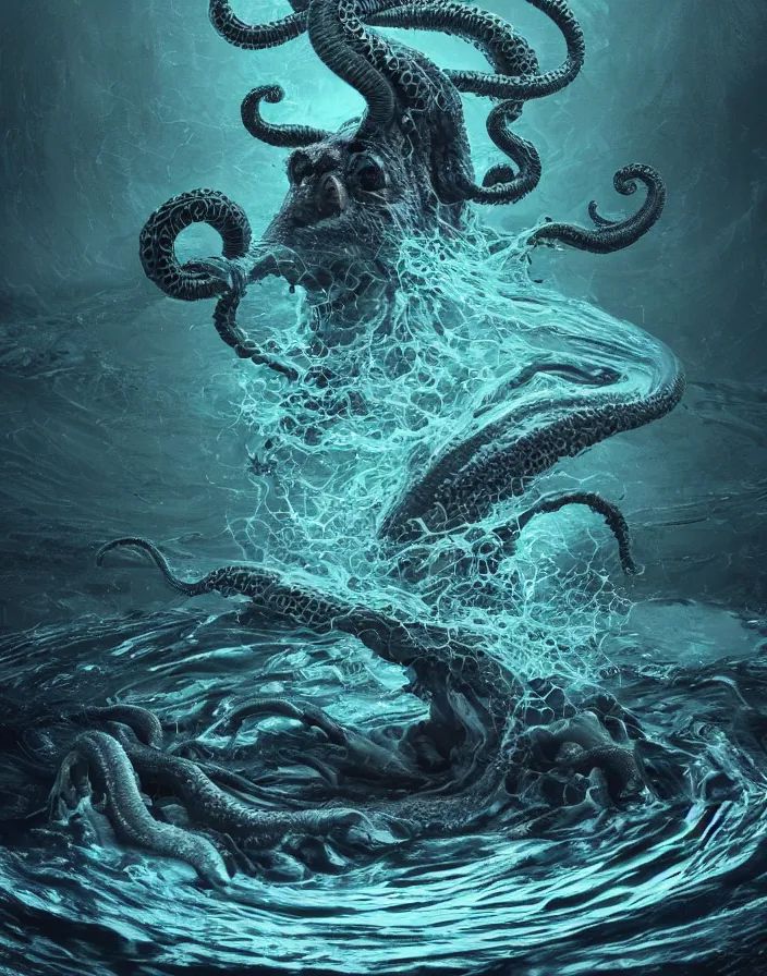 Prompt: cthulhu rising from a whirlpool, intricate abstract. delicate artwork. by tooth wu, wlop, beeple, dan mumford. octane render, trending on artstation, greg rutkowski very coherent symmetrical artwork. cinematic, hyper realism, high detail, octane render, 8 k, depth of field, bokeh. chrome accents.