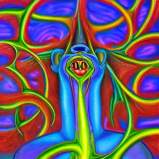 Image similar to waluigi becomes a fractal, painted by alex grey. psychedelic visionary art